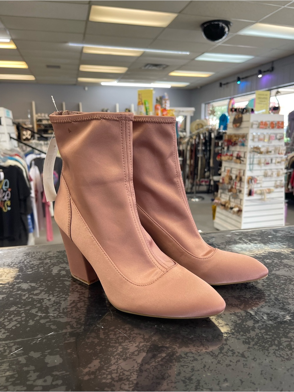 Nine West Blush Pink Pointed Toe Block Heel Sock Boots
